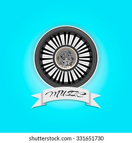 Music Label, Piano keys. Vector illustration. Music notes. Blue background.