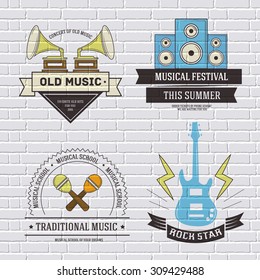 Music label template of emblem element for your product or design, web and mobile applications with text. Vector illustration with thin lines isolated icons on stamp symbol
