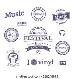 Music labels and logos illustrations, vector typography set