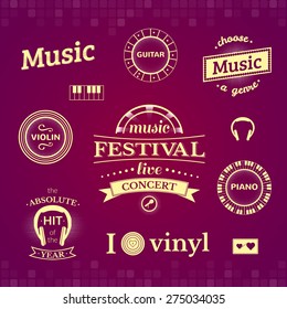 Music labels and logos illustrations, vector typography set