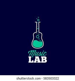 Music Laboratory Abstract Vector Sign, Emblem or Logo Template. Guitar and Chemical Flask Creative Concept Silhouette. Good for Instruments Store and Musical Education. On Blue Background.