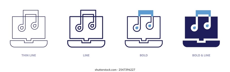 Ícone do laptop de música em 4 estilos diferentes. Linha fina, Linha, Negrito e Linha Negrito. Estilo duotônico. Traçado editável.