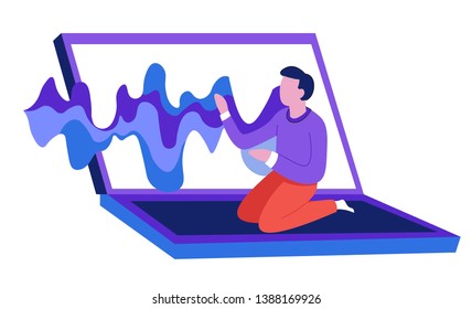 Music from laptop sound wave man sitting on keyboard vector isolated abstract icon equalizer color line song or melody audio record playing mobile computer volume male character enjoy musical art