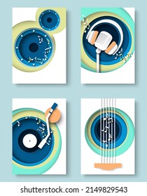 Music layout flyer invitation design vector set. Musical ornament illustration concept. Decorative background with loudspeaker, microphone and headphones , notes and vinyl player