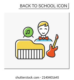 Music lesson color icon. Schoolboy return to school. After school activity. Playing on music instrument. Piano and guitar. Education concept. Isolated vector illustration