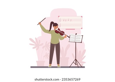 Music lesson concept with people scene in the flat cartoon design. The girl plays the violin and consolidates the knowledge she received at the music school. Vector illustration.