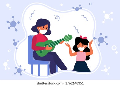 Music Lesson During Epidemic. Teacher Playing Guitar, Child, Student In Mask Flat Vector Illustration. School, Coronavirus Concept For Banner, Website Design Or Landing Web Page