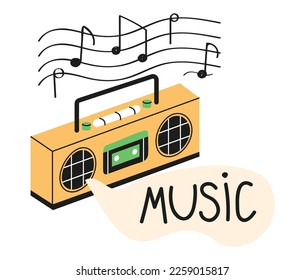 Musikunterricht Symbol Vektorgrafik im Doodle-Stil. Sekundarschulsymbole. Zurück zu Schulaufklebern. 
Bandschreiber mit Notizen