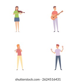Music lesson icons set cartoon vector. People playing musical instrument. Performance, rehearsal