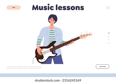 Music lesson landing page for online service offering guitar class, education course web banner