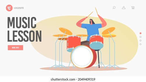 Music Lesson Landing Page Template. Education of Percussion Instrument. Drummer Playing Hard Rock with Sticks on Drum. Talented Musician Character Performing Show on Stage. Cartoon Vector Illustration