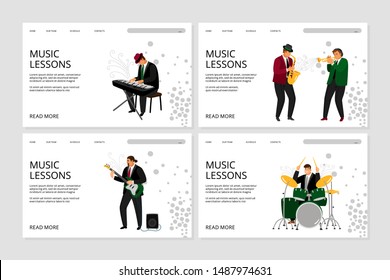 Music lesson landing page. Vector musicians, pianist and saxophonists, guitarist and drummer