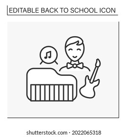 Music lesson line icon. Schoolboy return to school. After school activity. Playing on music instrument. Piano and guitar. Education concept. Isolated vector illustration. Editable stroke