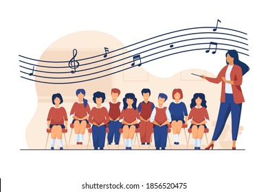 Music Lesson At School. Conductor With Baton Standing Choir Of Singing Kids Flat Vector Illustration. Choir, Activity, Hobby Concept For Banner, Website Design Or Landing Web Page