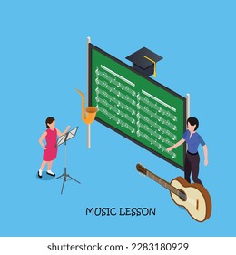 Music lesson in school - Female student singing isometric 3d vector illustration concept banner, website, landing page, ads, flyer template