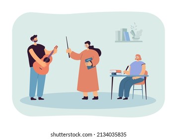 Music lesson in school flat vector illustration. Boy playing guitar, girl sitting at desk, female teacher listening song. Education, art concept for banner, website design or landing web page