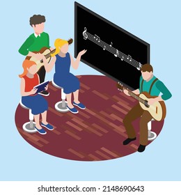 Music lesson in school - teens playing guitar and singing isometric 3d vector illustration concept