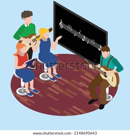 Music lesson in school - teens playing guitar and singing isometric 3d vector illustration concept