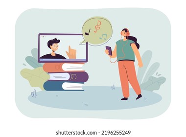 Music lesson with teacher on phone screen and notes in bubble. Tiny girl in headphones listening and learning flat vector illustration. School concept for banner, website design or landing web page