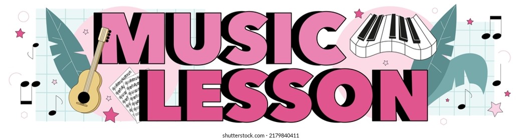 Music lesson typographic header. Students learn to play music. Young musician playing musical instruments. Vocal and solfeggio class. Flat vector illustration