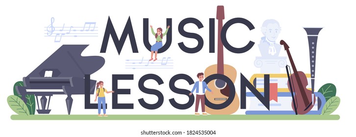 Music lesson typographic header. Young performer playing music with professional equipment. Music, vocal, solfeggio class. Vector illustration.