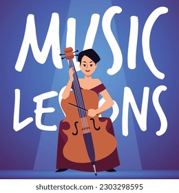 Banner de lecciones de música con un hombre tocando el instrumento violoncelo, ilustración vectorial plana en el fondo del color. Afiche de educación musical con un hombre aprendiendo a tocar el violonchelo.