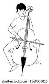 Music lessons cello player student line icon clipart doodles. Vector illustration doodles in linear simple style. Black white