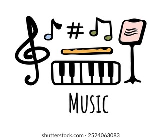 Music lessons and classes in school, college or university. Vector flat cartoon icons for students curriculum. Knowledge about notes and symphonies, musical education and improvement of skills