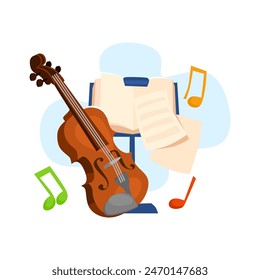 Music lessons and education concept. Music school icon with violin and notes. Trendy vector illustration for online music class, workshop, back to school or higher education.