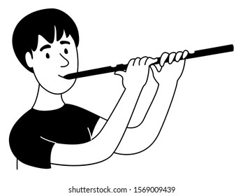 Music lessons flute player flutist student line icon clipart doodles. Vector illustration doodles in linear simple style. Black white