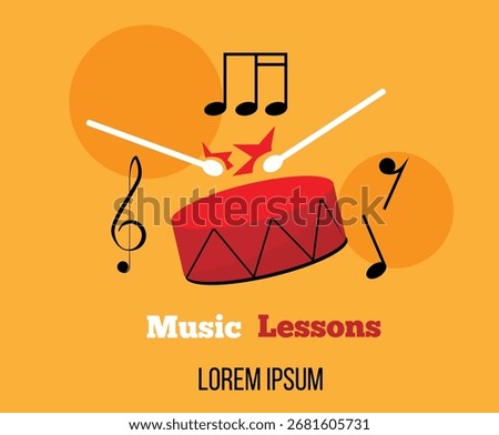 Music Lessons Idea with Drum and Sticks on Colorful Background. Learning art and entertainment industry vector art