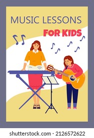 Music lessons for kids banner design with musician teacher learning child to play guitar, flat cartoon vector illustration. Music education for children.