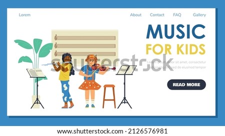 Music lessons for kids web banner layout with children playing the flute and violin in classroom, cartoon flat vector illustration. Music class and art school webpage.