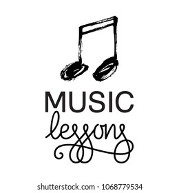 Music lessons logo. Hand drawn music note, vector illustration
