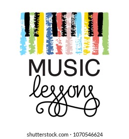 Music lessons logo. Hand drawn piano keyboard, vector illustration