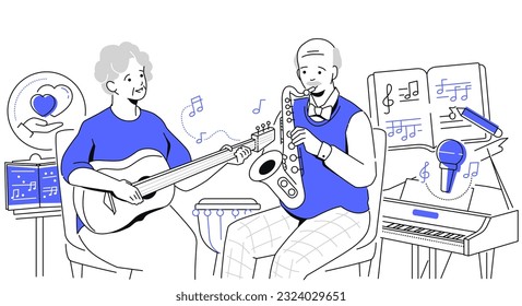 Music lessons - modern line design style illustration on white background. Composition with woman with a guitar and man with a saxophone. Perform songs and melodies, entertainment idea