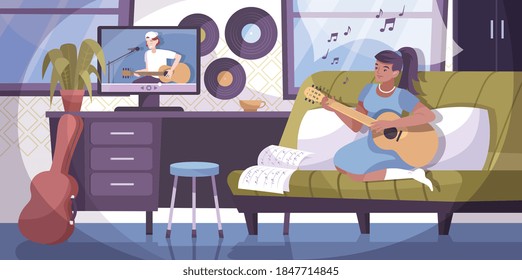 Music lessons online composition with home interior and character of girl playing guitar with remote tutor vector illustration