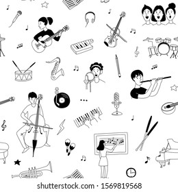 Music lessons with students different musical instruments guitar, flute, cello, violin ,saxophone in line icons clipart seamless background pattern. Vector illustration doodles in linear simple style.