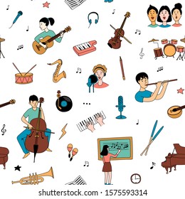 Music lessons with students different musical instruments guitar, flute, cello, violin ,saxophone in line icons clipart seamless background pattern. Vector illustration doodles in linear simple style.