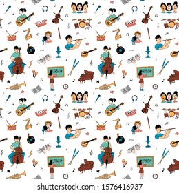 Music lessons with students different musical instruments guitar, flute, cello, violin ,saxophone in line icons clipart seamless background pattern. Vector illustration doodles in linear simple style.