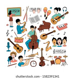 Music lessons with students different musical instruments guitar, flute, cello, violin ,saxophone in line icons clipart square background pattern. Vector illustration doodles in linear simple style.