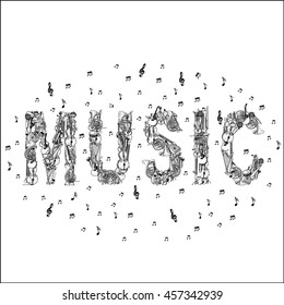 Music lettering with Music Instruments and notes. 