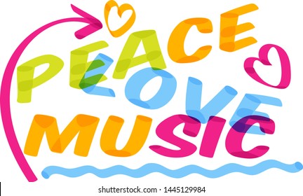 Music lettering vector musical typography graphic sign calligraphy text or quote of love relax and music sound freedom poster illustration decorative typographic print set isolated on white background