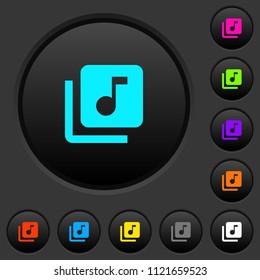 Music library dark push buttons with vivid color icons on dark grey background