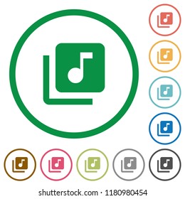 Music library flat color icons in round outlines on white background
