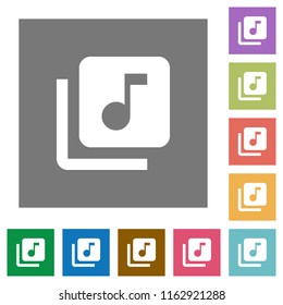 Music library flat icons on simple color square backgrounds