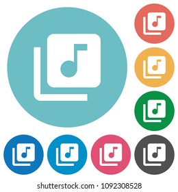 Music library flat white icons on round color backgrounds