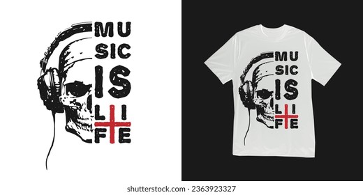 La música es el diseño de camisetas de texto con eslogan de la vida. Dibujo de sketch vintage con auriculares, concepto de diseño para camisetas, ropa, póster, etc. Concepto de ilustración de diseño vectorial.