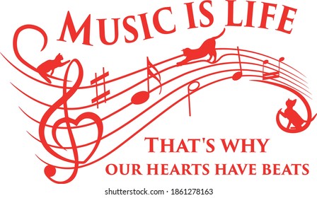 "Music is Life (with cats). That’s why our hearts have beats." - Vector poster, wall stickers ideas. (red)