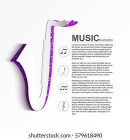 Music light template with text paper saxophone silhouette and musical notes icons on white background vector illustration